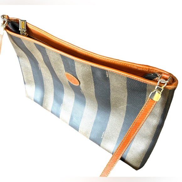 Vtg FENDI Pequin Stripe Brown Coated Canvas Long Strap Shoulder Crossbody Purse - Picture 8 of 9